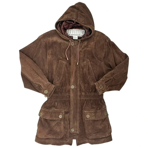 VTG Chocolate Brown Suede Jacket Hooded Leather Parka Oversized Sz S BB Dakota - Picture 2 of 14